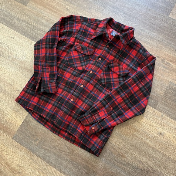 VTG Pendleton 60s-70s Board Shirt Loop Collar USA Woolmark Virgin Wool Plaid L‎